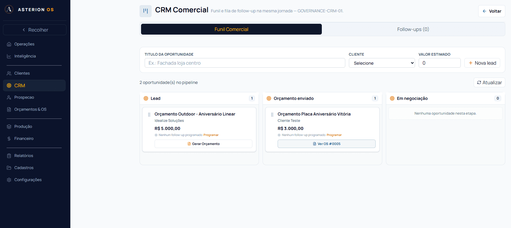 Funil comercial (CRM) do Asterion OS com oportunidades por etapa