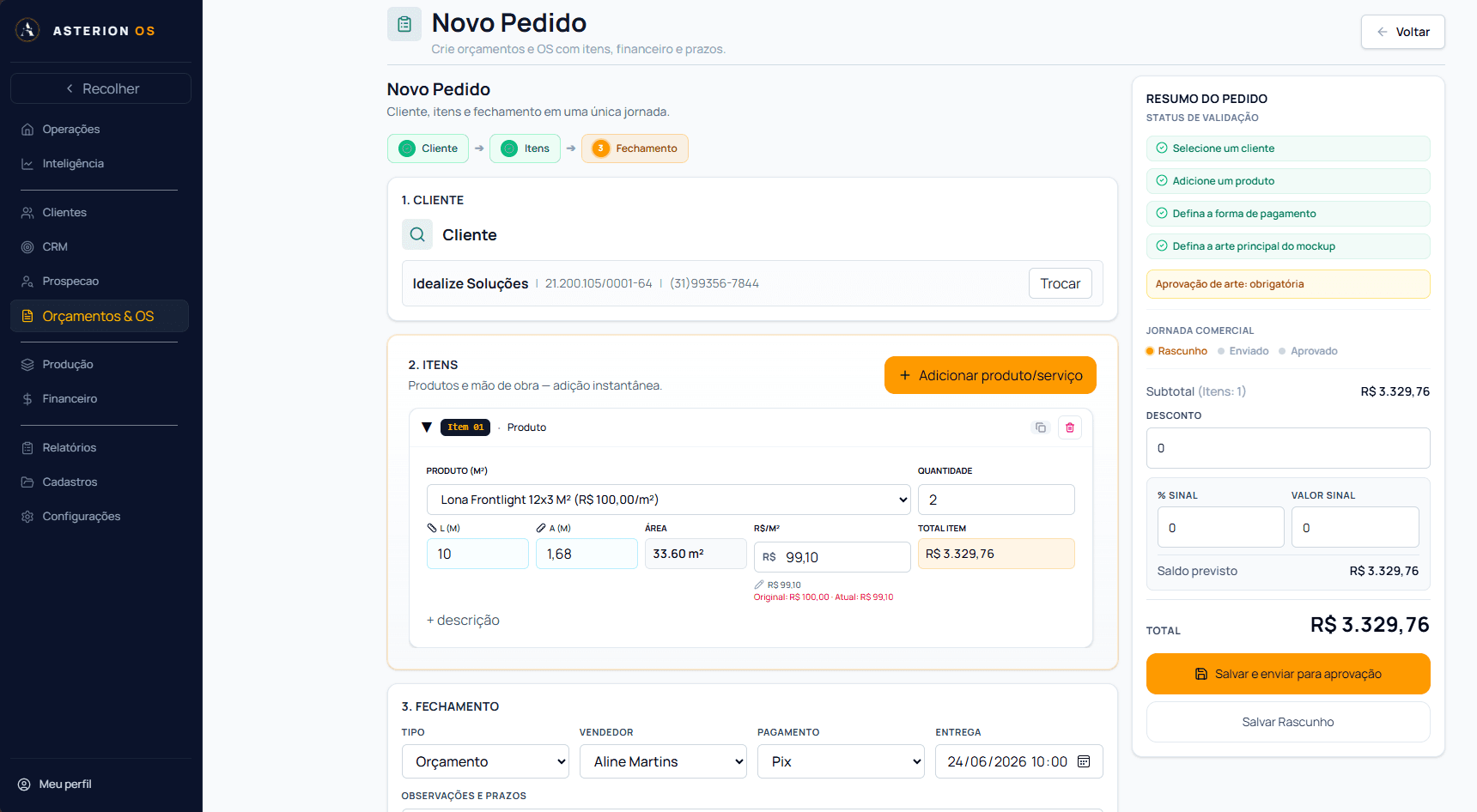 Formulário de novo orçamento do Asterion OS com itens e fechamento