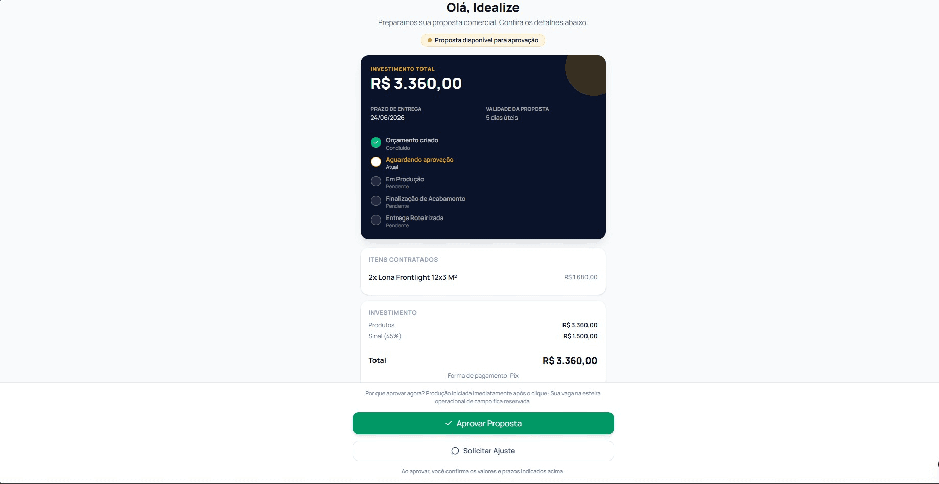 Portal do cliente do Asterion OS com proposta comercial para aprovação
